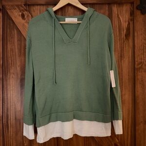 NWT Six/Fifty Sage Green V-Neck Layered Hooded Sweater Medium